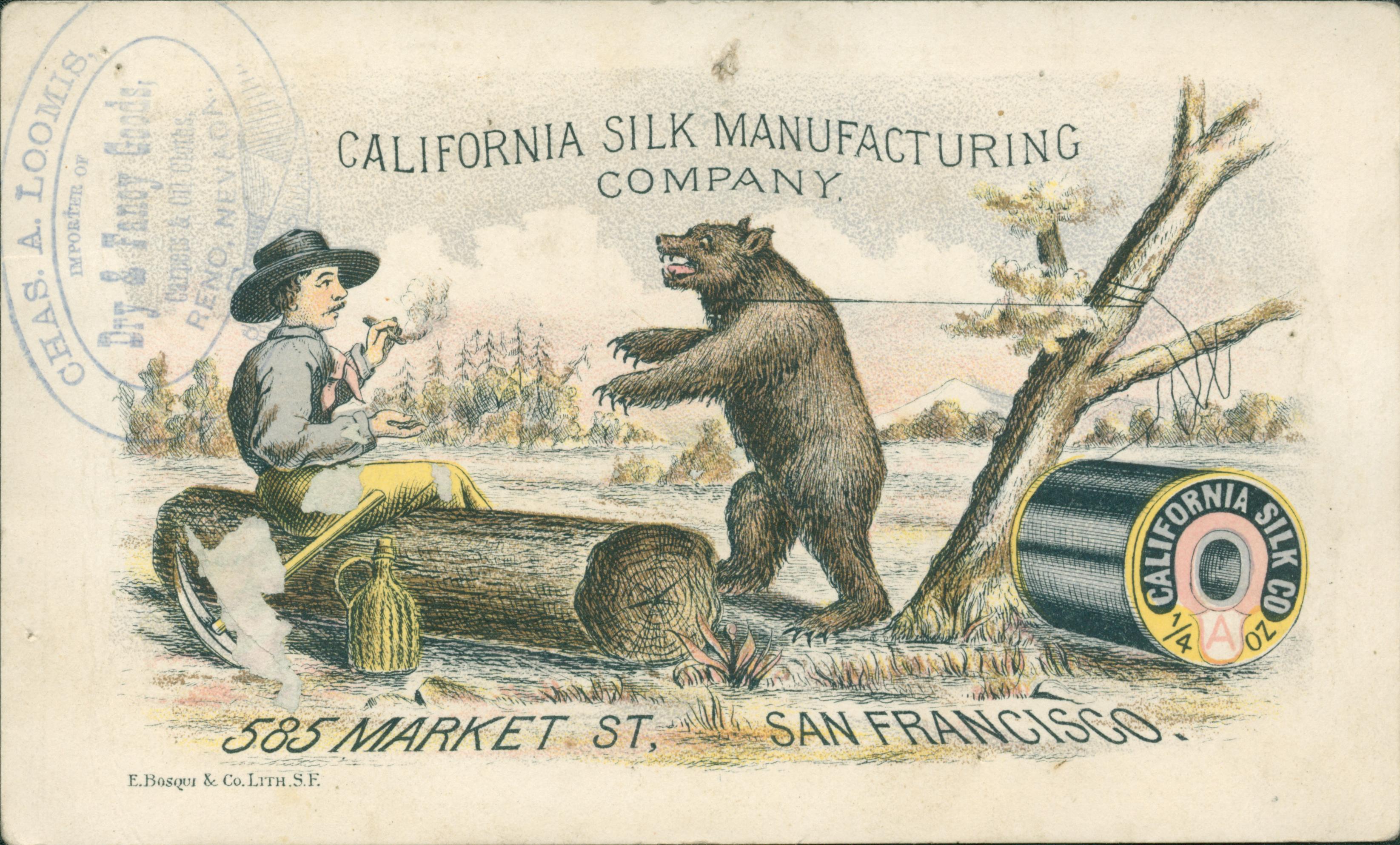 This trade card shows an angry bear tied to a tree by thread from a spool of California Silk. A man sits on a log, smoking while watching the bear.